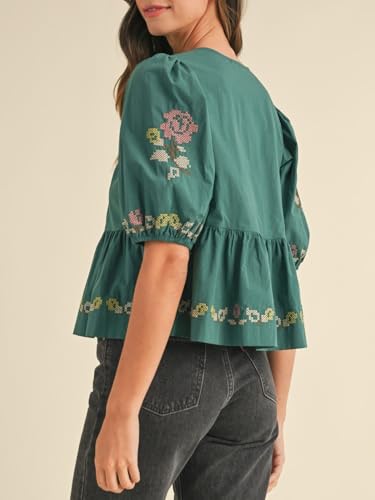 Womens Short Puff Sleeve Floral Embroidery Poplin Front Self Tie Detail Peplum Top Blouse2