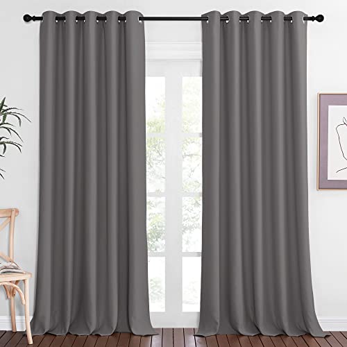 NICETOWN Blackout Grey Curtains Panel for Doorway Room Darkening - Noise Reducing Thermal Insulated Solid Ring Top Blackout Window Drapes for Farmhouse (1 Panel, 66 x 90 Inch, Gray)
