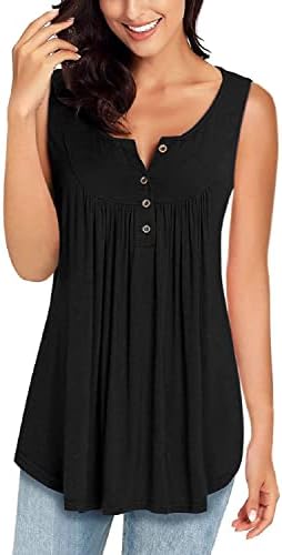 MIROL Womens Fall Sleeveless Long Sleeve V Neck Solid Color Casual Swing Flowy Tank Tops with Buttons, Black, X-Large