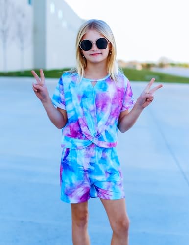 Image of Arshiner Girls Summer 2 Piece Outfits Tie Dye Short Sets Casual Twist Front Short Sleeve Tops and Pant with Pockets