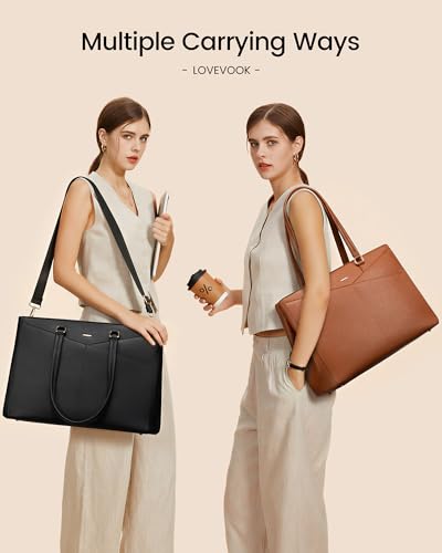 Image of LOVEVOOK Laptop Tote Bag for Women 15.6 Inch Leather Work Bags with Large Cup Holder for Teacher Work Business,Black