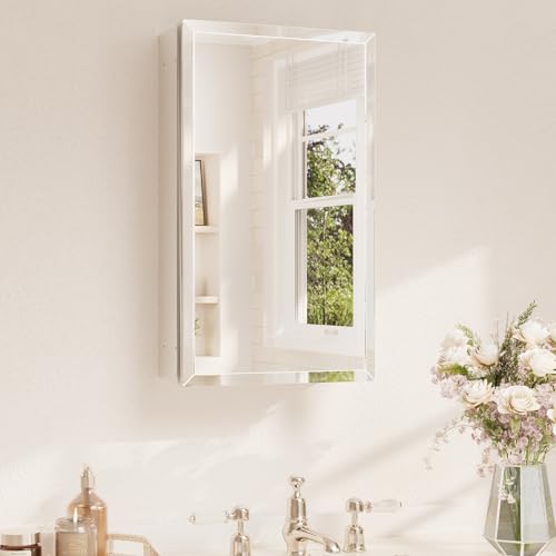 TETOTE 14 x 24 Medicine Cabinet with Tempered Beveled Mirror Silver Aluminum Cabinet DTC Hinges Stepless Adjustable Shelves Recessed/Surface-Mounted