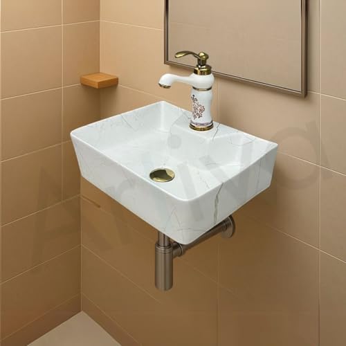 Image of Artiva Ceramic Wall Mounted Bathroom Basin /Designer Table Top Sink For Bathroom /Wall Hung Washbasin /Wash Basin For Cabinet, Countertop, Vanity (Lina White 16 x 12 x 5 Inch)