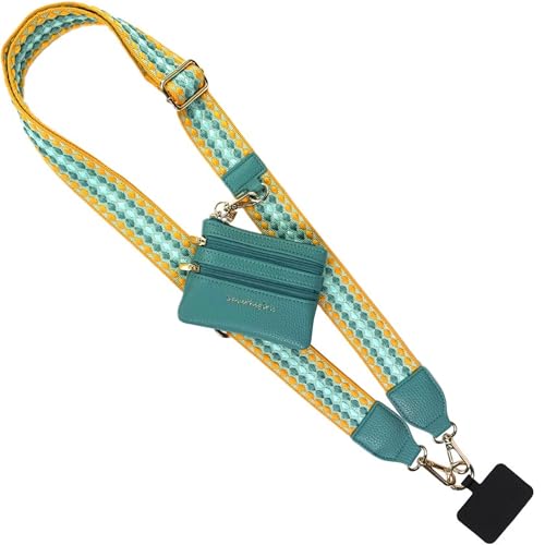 Image of Save the Girls Original Clip and Go Phone Strap Pattern (Fun Dots - Mustard /Aqua) - Crossbody Phone Strap Chain with Zipper Wallet Pouch - Phone Lanyard Zippered