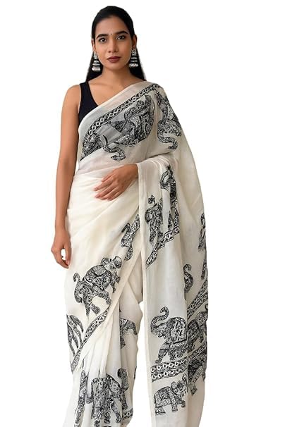Rajeshwar Fashion (Women's Linen Cotton saree with digital floral print and latkan work | casual wear | Linen cotton | flower design | Unstitched blouse |Lotus