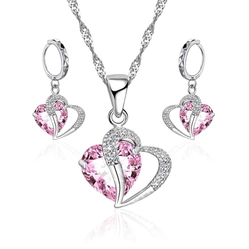 NyxSeat 3-teiliges Schmuckset, 1 Paar Ohrringe und 1 Halskette, Damenhalskette, modische herzförmige Halskette, herzförmiger rosa Kristallschmuck, geeignet für den Alltag, Partys und Dates