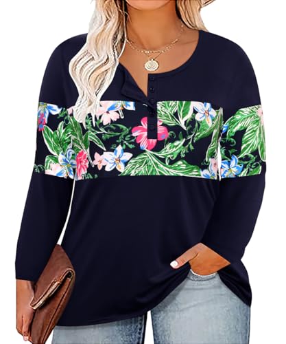 Image of CARCOS Plus Size Tops for Women Long Sleeve Fall Tunic Color Block Camo /Plaid /Leopard /Fall Blouse Crewneck Tshirt XL-5XL