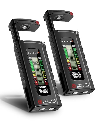 AKIELO+ Digitaler Batterietester (2er-Pack) mit LCD Anzeige – Universal Batterie Tester & präzises Batterieprüfgerät für Haushalt – Für AAA, AA, C, D, 9V & 1,5V Knopfzellen