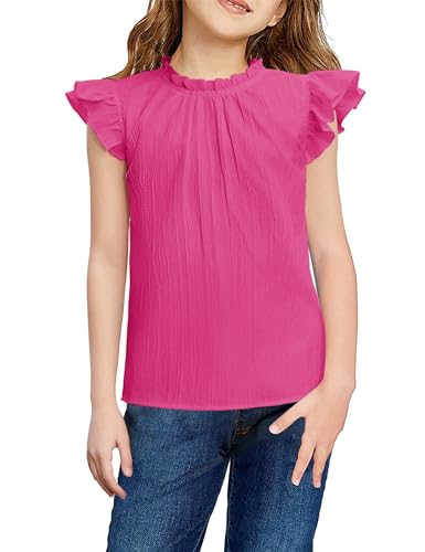 Image of Arshiner Girls Ruffle Short Sleeve Shirts Cute Summer Frill Neck Pleated Textured Blouse Tops