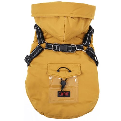 ISUPY ペット服 犬服 コート ジャケット ダウン ハーネス ドッグウェア パーカー 裏起毛 フード付き 防寒 暖かい 保温 小型犬 中型犬 冬服 洋服 軽量 戸外運動 (L, イエロー)