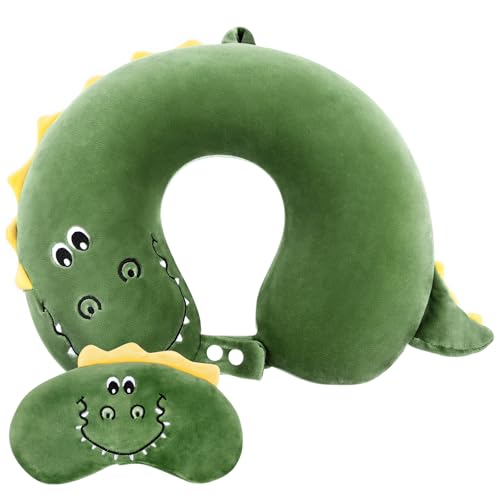 Alaoo Almohada de Viaje para Niños,Almohada Cuello en Forma de U Espuma Memoria,Animales Lindos Cojin de Viaje Cuello con Antifaz para Silla Avión,Coche,Cojín de Descanso para Dormir(Dinosaurio Verde)