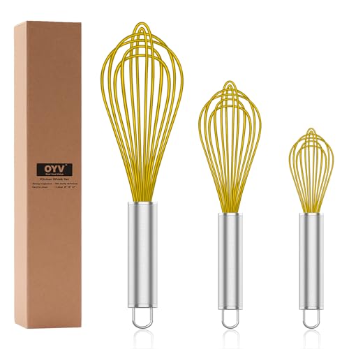 Image of OYV Yellow Silicone Whisk, Professional Whisks For Cooking Non-Scratch, Stainless Steel & Silicone Wisk, Plastic Rubber Whisk Tool For Nonstick Cookware Pans, Silicon Wisks Set of 3.