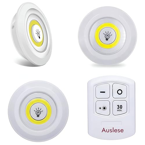Image of Auslese Wireless Under Cabinet LED Puck Lights with Remote Battery Powered Adjustable Dimmable COB Night Lamps with Timer for Kitchen Wardrobe Closet Bedroom Stairway (3 Pack)