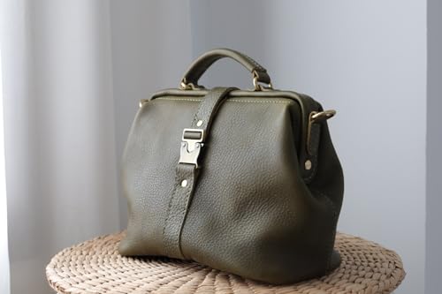 Image of Handmade Leather Doctor Bag for Women, Vintage Frame Satchel, Large Capacity Work Handbag, Soft Genuine Leather Shoulder Tote