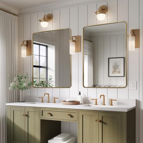 Image of ANDY STAR 48x36 Inch Gold Bathroom Mirror, Brushed Gold Mirrors for Wall in Anti-Rust SUS304 Tube Metal Frame, Rounded Rectangle Mirrors 1'' Deep Wall Mounted Vertically /Horizontal for Bathroom
