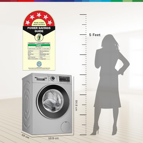 Bosch 10kg 5 Star Anti Stain & AI Active Water Plus Fully Automatic Front Load Washing Machine with Built in Heater (WGA252ZSIN, Pretreatment, Iron Steam Assist & Allergy Plus, Silver)