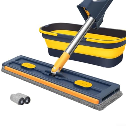 Mopa plana grande con cabezal giratorio de 360 grados y poste extensible para una limpieza sin esfuerzo del hogar en azulejos o madera, color blanco (cubo plegable azul)