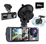 Dash Camera for Cars, 3 Channel 4K Dash Cam Front and Rear Inside,1080P Full HD 170 Deg Wide Angle Dashboard Camera with 64GB Card, IPS Screen,Built in IR Night Vision,G-Sensor,Loop Recording