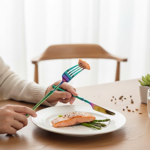 Image of Elegant Handle Rainbow 8 Pcs Stainless Steel Cutlery Set for Dining Table, Dishwasher Safe Glossy Flatware (2 Spoon Set+2 Forks Set+2 Butter Knife+2 Dessert Spoon)