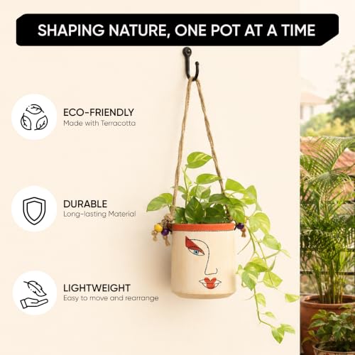 Image of AAKRITI ART CREATIONS Terracotta Hanging Planter | Handcrafted Artistic Face Design with Rope, Modern Art, White Matte Finish | Decorative Hanging Pot for Indoor & Outdoor Home Decor