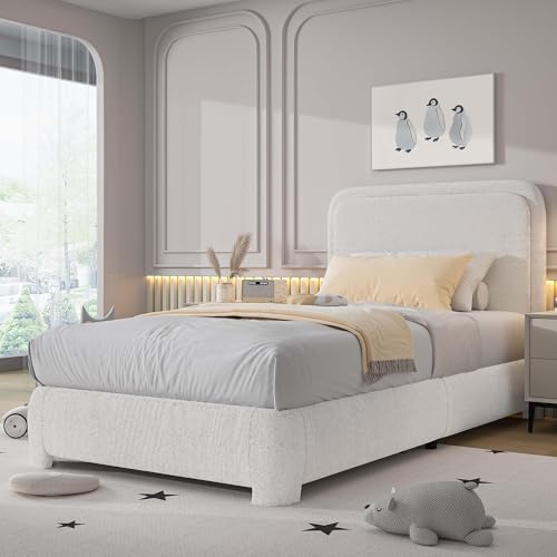 Image of BarnFurin Twin Bed Frame, Cloud Boucle Headboard, Rounded Corners, White
