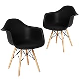 CangLong Natural Wood Legs Mid Century Modern Molded Shell Lounge Plastic Arm Dining-Chairs, Set of 2, Black
