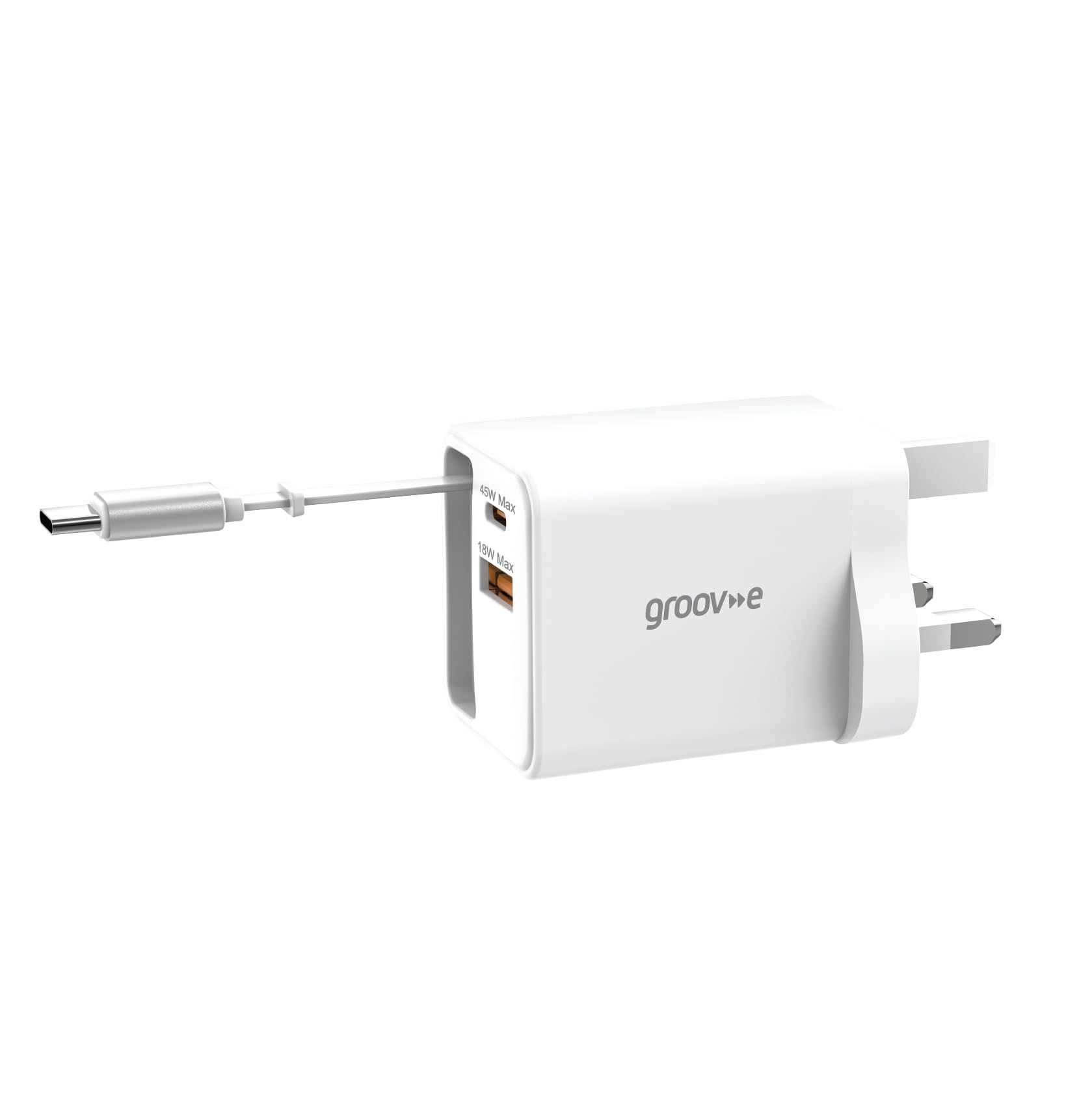 Groov-e USB-C & USB-A Wall Charger 45W with Integrated Retractable USB-C Cable - GaN UK Plug Power Delivery Fast-Charge Adaptor for Smartphones, Tablets, and Laptops - White