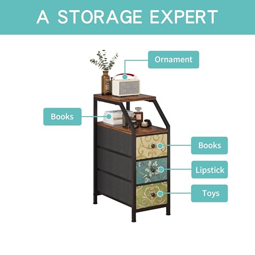 Image of Amazon Brand - Umi Bedside Table with 3 Fabric Chest of Drawers Organizer & Storage Shelf, Sofa Side Table, End Table, Corner Table, Night Lamp Table, Nightstand for Bedroom Living Room (25x47x72cm)
