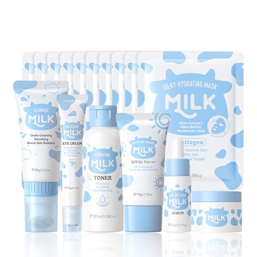 Milk Beauty Gift Sets for Teenage Girls, Milk Skincare Set,Facial Kit for Women, Skincare Set With Cleanser, Toner, Serum, Face Cream,Eye Cream, Sunscreen, 5*Face Mask(11PCS)
