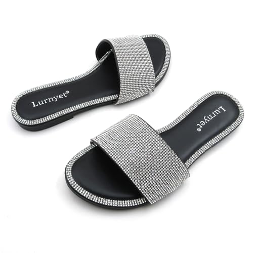 Women's Glitter Shiny Slide Sandals Fashion Round Toe Slip on Bling Slippers Size 6-104