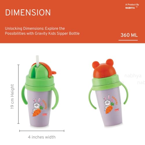 Image of Nabhya Inner Stainless Steel & Outer Plastic 360ml BPA-Free Cute Animal Design Baby Sipper Kids Water Bottle with Straw and Side Handle for Kids (Purple & Blue - 2pc)