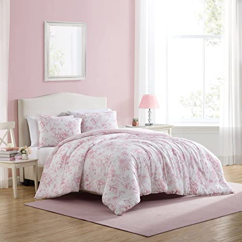 Image of Laura Ashley - Queen Comforter Set, Soft Bedding with Matching Shams, Reversible Floral Room Decor, College Dorm Room Essentials (Delphine Pink)