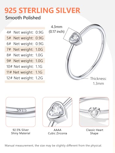 Silvora 925 Sterling Silver Simple Black Heart Ring Tiny Heart Wedding Band Rings for Women Size 4-124