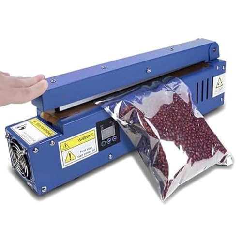 Sellador térmico manual para bolsas de alimentos, control de temperatura de 70-300 °C, potencia de 352 W, 300 mm de ancho, con sellado, corte, conteo, fecha de impresión para bolsas de polipropileno y