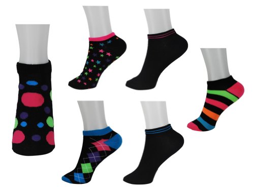 Kids 6 Pair Pack No Show Anklet Socks Neon & Black Assorted Pattern One Size Fits Most