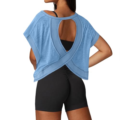 Image of UNIANKIYA Open Back Workout Tops for Women Loose Fit Athletic Crop Tee Short Sleeve Gym Running Yoga Shirt