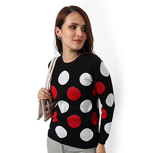 Image of Campus Sutra Women Black Polka Dot Regular Fit Sweater | Round Neck, Full Sleeve, Woolen Sweater for Women & Girls | Stylish Casual Winter Wear