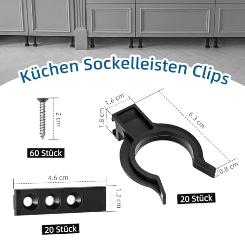 Küchen Sockelleisten Clips, 20 Stück Leistenclips für Sockelleiste Küche mit 60 Schrauben, Sockelblendenhalter & Befestigungsclips für 32-42mm Küchenfüße, Robuste Küchensockel-Lösung