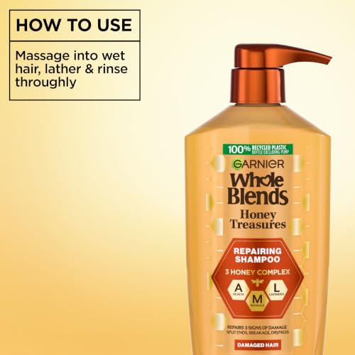 Garnier Whole Blends Honey Treasures Repairing Shampoo, Hair Repair Formula for Dry, Damaged Hair with Acacia, Manuka, and Lavender Honeys, 28 Fl Oz (Packaging May Vary) - image 6
