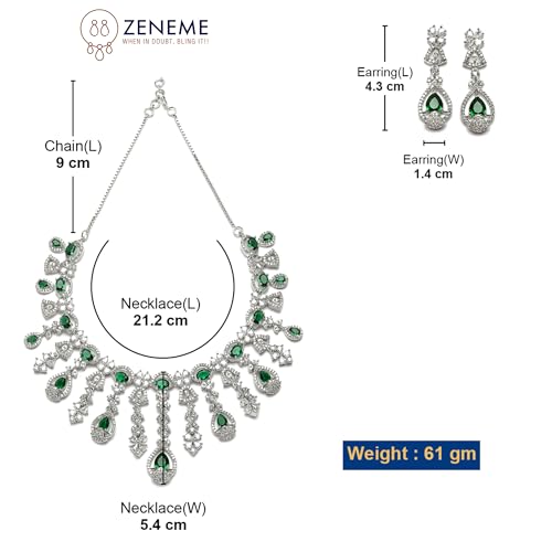 Image of ZENEME Rhodium-Plated Silver-Toned Emerald-Cut American Diamond Floral Link Necklace Set with Pear Drop Earrings for Women & Girls