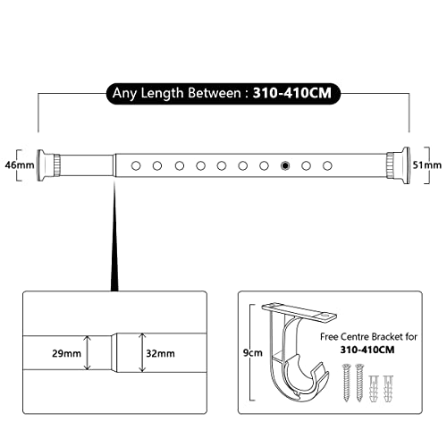 Tension Rod Shower Rail Curtain Poles, Shower Curtain Rail Heavy Duty Room Divider Curtain Rod, Adjustable Bathroom Rust Free Extendable Window Tension Rod (Black, 310-410CM)