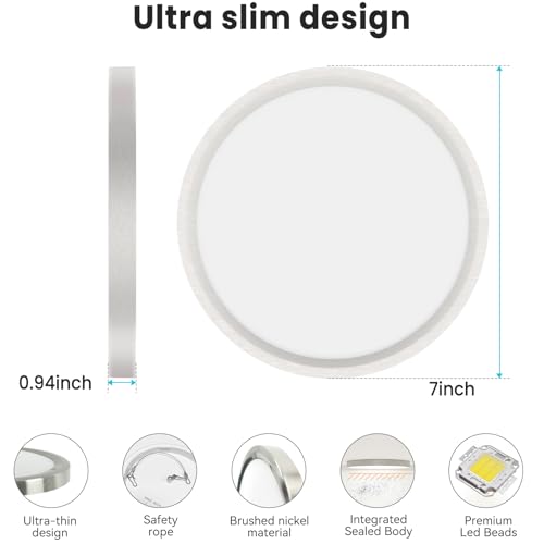 Image of libtit 7 Inch Nickel Brushed Flush Mount Ceiling Light, 15W Ceiling Light Fixture,3000K /4000K /6500K Color Selectable,Ultra-Thin Round Ceiling Lighting Fixture for Bedroom Kitchen Pantry, 4 Pack