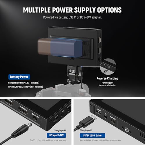 Image of NEEWER 5.5 inch Camera Field Monitor, 2000nit HD 1920x1080 IPS Touch Screen, 4K HDMI Loop in /Out with 3D LUT Peak Focus DSLR Video Assist HDR Waveform, 5200mAh F750 Battery, DC7-24V /Type C 5V In, F500 PRO