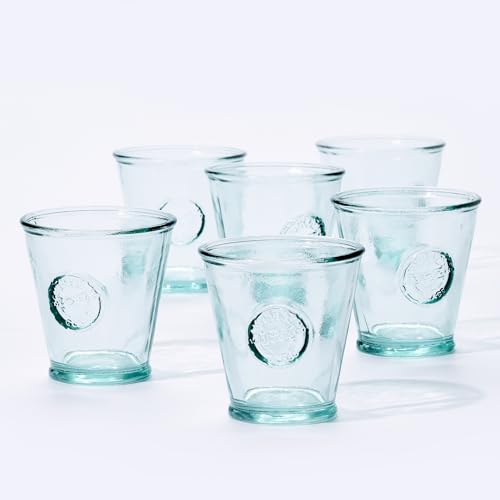 DESIGNED BY VSM Small Drinking Glasses 8 Oz, Made Of 100% Recycled Glass Drinking Glasses Set Of 6, Authentic Embossed Old Fashioned Glasses, Ideal for Water, Milk, Juice, Espressos, Made In Spain.