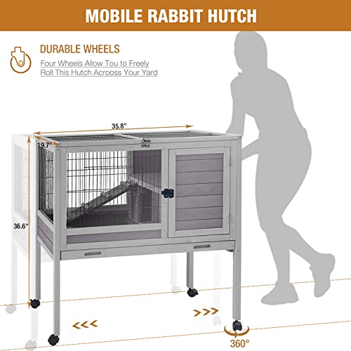 Rabbit Hutch Indoor, Bunny Cage Pet House for Small Animals Guinea Pig Cage on Wheels - Removable Wire Mesh - Thumbnail 2