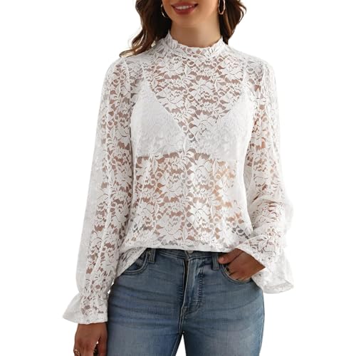 Haut Dentelle Femme, Blouse Femme Oversize Fashion Guinguette Top Perfecto Taille Haute Tenue Mode Manche Longue Mariage Haut Dentelle Carnaval Costume 2#Blanc...