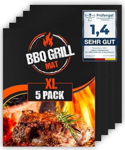 Lindas Essentials Große BBQ Grillmatte für Gasgrill Elektro und Holzkohle (5er Pack) - Wiederverwendbare hitzebeständige Grillmatten für Holzkohle Teflon Grillmatte 50 x 40cm (Black)