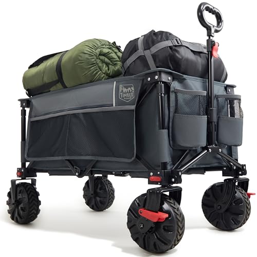 TIMBER RIDGE Carrello Spiaggia Ruote Grandi con Freno Carrello Pieghevole Trasporto Braccioli Regolabili e Tasche Laterali per Rimorchio Giardino Campeggio all'aperto Ogni Tipo di Terreno