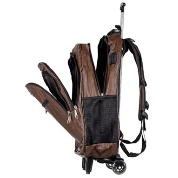 Mochila Bolsa de Couro PU com rodinha Impermeável Executiva Elegante para Notebook, Múltiplos Compartimentos Viagem, Faculdade, Escola Resistente Reforçada com Cabo (Marrom)