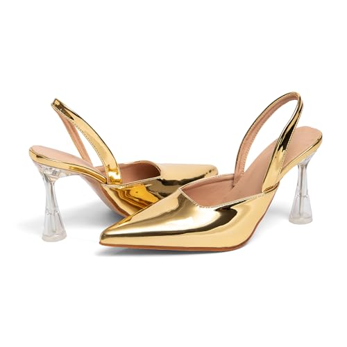 GATUXUS Women's Clear Kitten High Heels Slingback Pumps Shoes Pointed Toe Backstrap Wedding Party Dress Sandals4